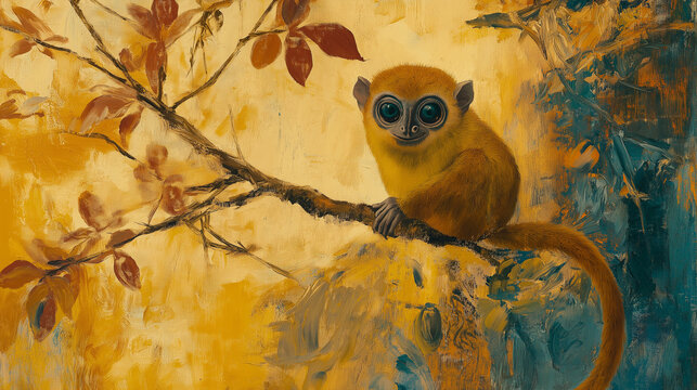 Cute Monkey with Big Eyes Sitting on a Tree Branch.