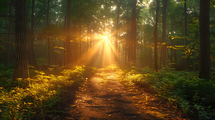 Naklejka premium Serene forest path illuminated by golden sunlight filtering through lush green trees at dawn