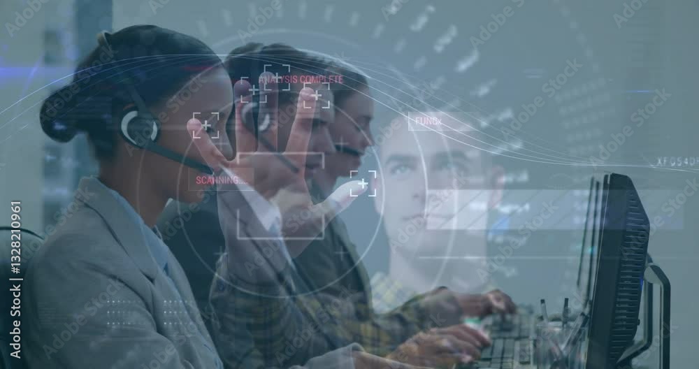 Poster in school, people working on computers with animation overlay scanning data