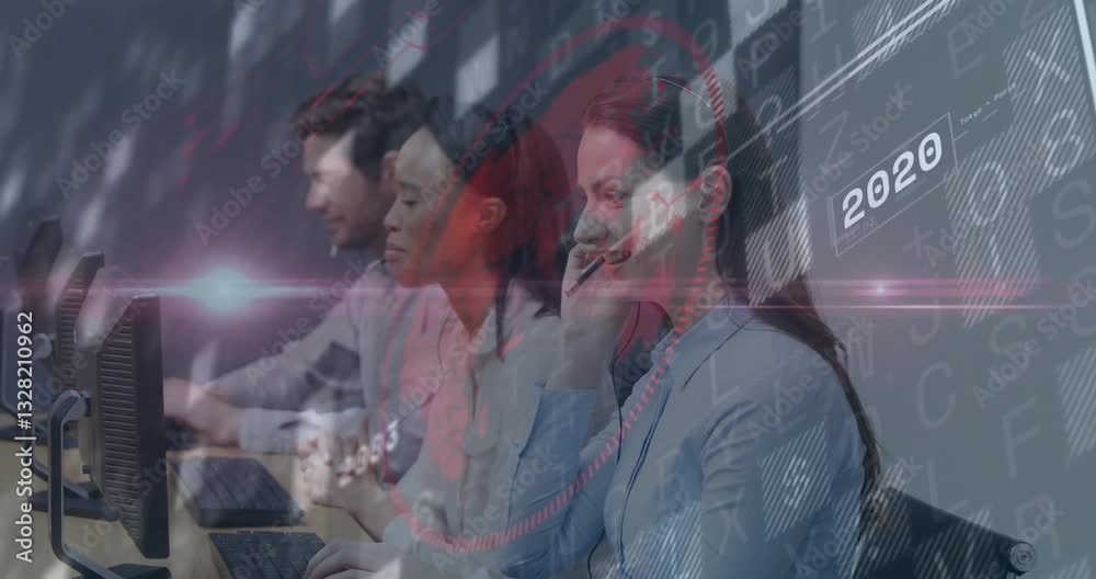 Poster customer service team working at computers with digital data animation overlay