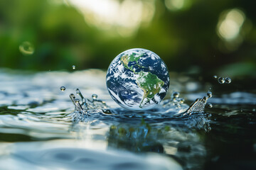 close up view of Earth depicted as liquid sphere, floating above rippling water with vibrant green and natural background, symbolizing environmental harmony and sustainability