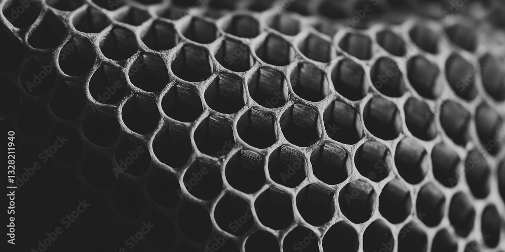 Poster Close up of honeycomb showcasing geometric pattern of hexagonal cells in black and white, emphasizing texture and symmetry