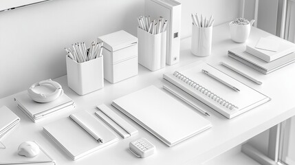 Clean white desk with office supplies like stapler, pen, notebook, pencils, white binder, ideal for showcasing professionalorganized workspace designs