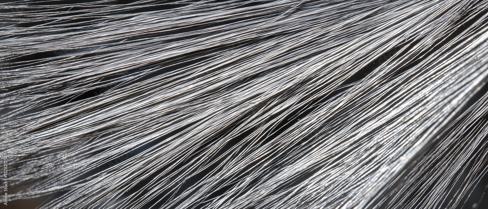 Poster close up macro shot of fine, textured silver strands, showcasing intricate details and metallic sheen. image highlights delicate and fibrous structure of material