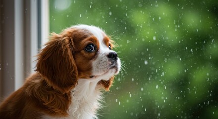 Cute Cavalier King Charles Spaniel gazes out a window at falling rain. Desktop wallpaper