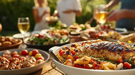 Fototapeta premium vibrant summer feast with grilled chicken, roasted vegetables, fresh salads, and wine on wooden table, surrounded by people enjoying outdoor gathering in sunny garden