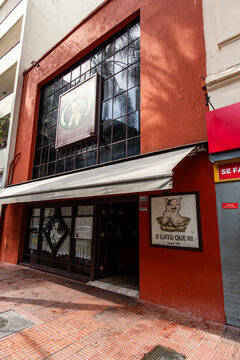 S&Atilde;O PAULO, SP, BRAZIL - JULY 27, 2024: O Gato que Ri (The Laughing Cat), a traditional Italian restaurant opened in 1951, in Largo do Arouche.