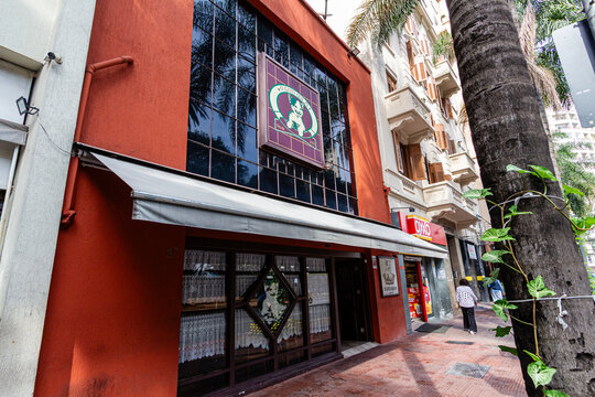 S&Atilde;O PAULO, SP, BRAZIL - JULY 27, 2024: Facade of the O Gato que Ri Restaurant, a traditional Italian restaurant opened in 1951, in Largo do Arouche.