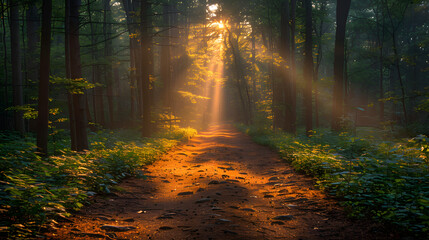 Fototapeta premium Sunlight streaming through a forest canopy illuminating a serene path with lush greenery