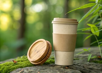 Naklejka premium Eco-Friendly Coffee Cup on Mossy Log