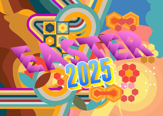 Retro 70s Background with Easter 2025 text. Groovy holiday 1970s art template. Minimalistic Vintage design poster. Old-fashioned color artwork.