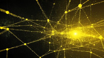 Golden Network: Abstract Visualization of Connected Nodes, Data, and Artificial Intelligence in a Digital Landscape with Central Brightness.