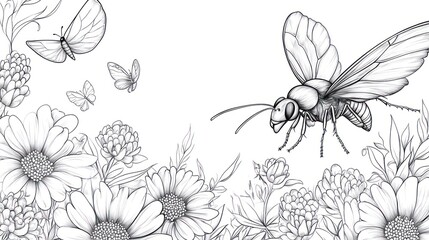 Floral Background with Flying Bee, Line Art