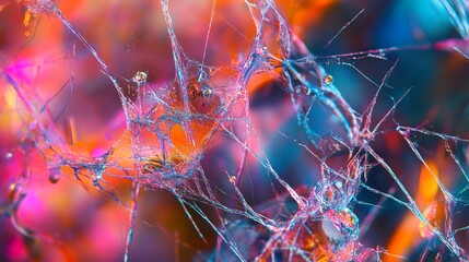 Close up of a spider web with dew drops glimmering in natural light