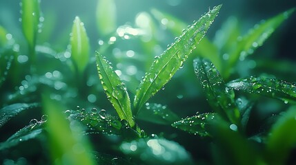 Close-Up of Lush Green Leaves Covered in Morning Dew Drops, drops of water on leaves