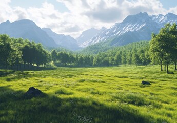 Obraz premium Lush Green Meadow Surrounded by Majestic Mountains and Clear Blue Sky with Wispy Clouds in a Tranquil Natural Landscape Scene