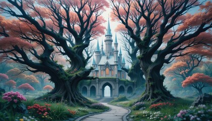 Obraz premium Enchanting castle surrounded by blossoming trees fantasy landscape digital art serene environment eye-level perspective
