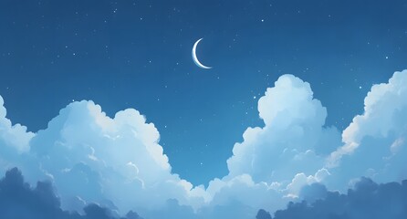 A Serene Night Sky Crescent Moon and Soft, Dreamlike Clouds Drifting Across a Deep Azure Canvas