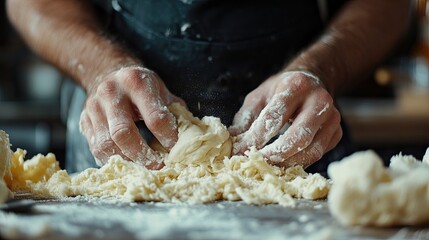 Close-up of bakers hands kneading dough on floured countertop, symbolizing the art of bread-making, homemade baked goods, the rise of artisanal culinary practices for home bakers