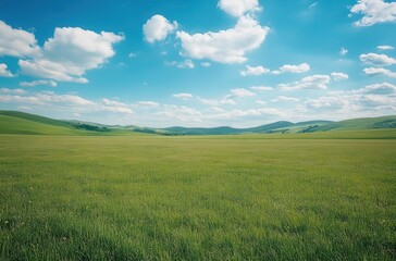 Obraz premium Lush Green Meadow Under Bright Blue Sky with Fluffy Clouds and Rolling Hills in the Background, Capturing Tranquility of Nature's Beauty