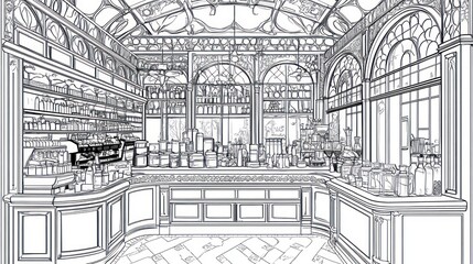 Interior Design Sketch of a Coffee Shop