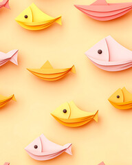 Naklejka premium Colorful paper fish and boats create playful pattern on soft background