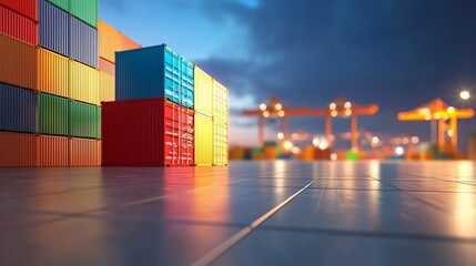 Fototapeta premium Close-up of a stack of international shipping containers symbolizing global trade and tariffs, representing logistics, import export, and worldwide commerce concepts.