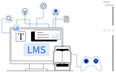 Obraz premium Desktop, mobile, book, and game controller linked by icons representing learning, analytics, and certification. Ideal for education, e-learning, gaming analytics certification learning tools