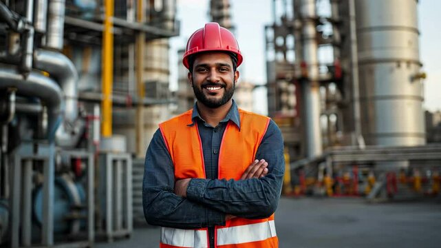 A guy Indian engineer wearing a hardhat and vest is seen outside a factory that produces oil. 