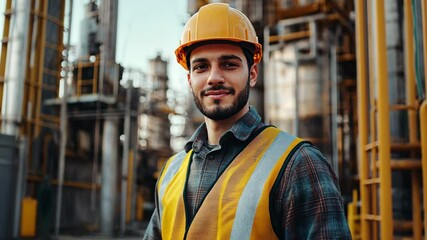 A guy Indian engineer wearing a hardhat and vest is seen outside a factory that produces oil. 