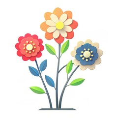 Garden concept, Colorful paper flowers with vibrant petals and green leaves against a white background.