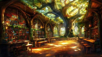 Fototapeta premium Sunlit, ancient library's mystical interior