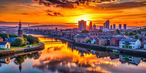 Fototapeta premium Newport City Centre Sunrise Silhouette Aerial View, River Usk, South Wales, UK