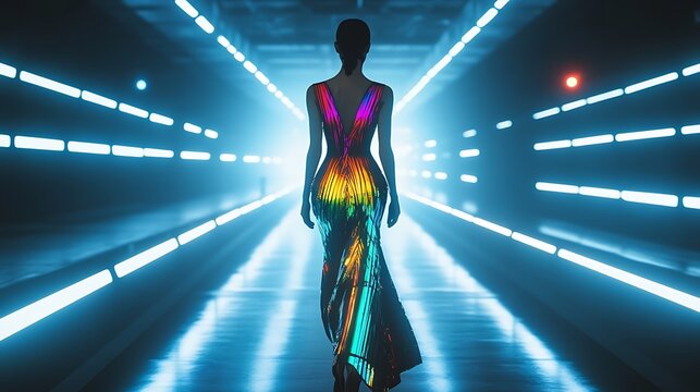 Woman in Gown Walking Through Tunnel with Glowing Blue Lights