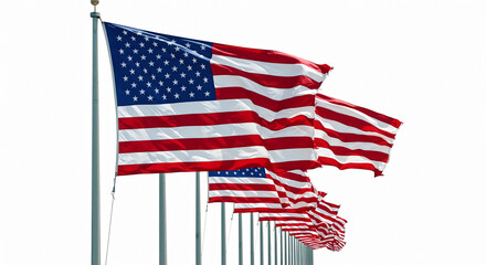 Row of American Flags Waving in the Wind