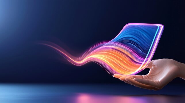 Innovative digital experience showcased by futuristic handholding vibrant display at night