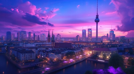 Fototapeta premium Stunning Cityscape of Berlin at Dusk with Colorful Sky and Skyline