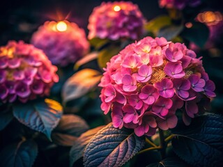 Night Bloom: Pink Hydrangea Flowers Background, Dark Romantic Garden Photography