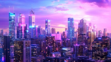 Futuristic Cityscape at Sunset with Vibrant Purple and Pink Skies