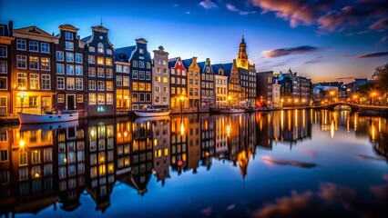 Obraz premium Night City Lights Reflection Silhouette Photography - Dark Urban Waterscape