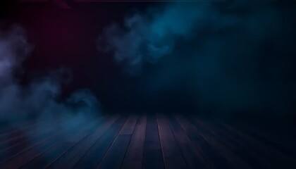 Mystical Vaporous Stage Backdrop with Wooden Floor and Theatrical Lighting
