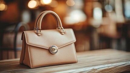 Close-up of fashion accessory like designer handbag, placed elegantly on wooden table, symbolizing high-end luxury fashionmodern style, ideal for upscale retail promotionsbrand marketing