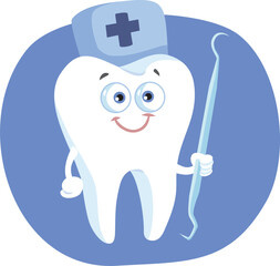 Funny Tooth Mascot Vector Character Holding a Dental Probe Tool. Adorable symbol for dental care and oral health education

