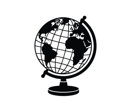 Simple Black and White Globe Icon. A clean, stylized black and white icon of a globe on a stand. slobe icon ont the stand. earth globe logo. globe icon for business.
