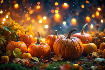 Naklejka premium Night Garden Glow: Large Orange Pumpkins Illuminated by Moonlight