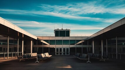 Obraz premium Empty modern airport terminal building over blue sky background