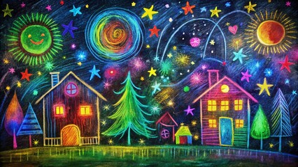 Obraz premium Night Grunge Art: Colorful Doodle Figures & Geometric Shapes