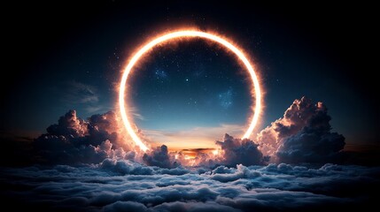 Ethereal solar eclipse over clouds serene atmosphere digital artwork mystical landscape