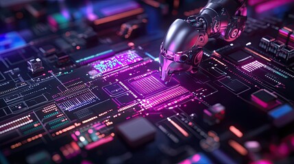 Obraz premium Robotic Arm Interacting with Colorful Circuit Board Design