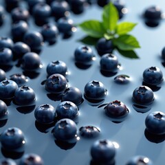 Fresh Blueberries with Green Mint Leaves on Glossy Surface